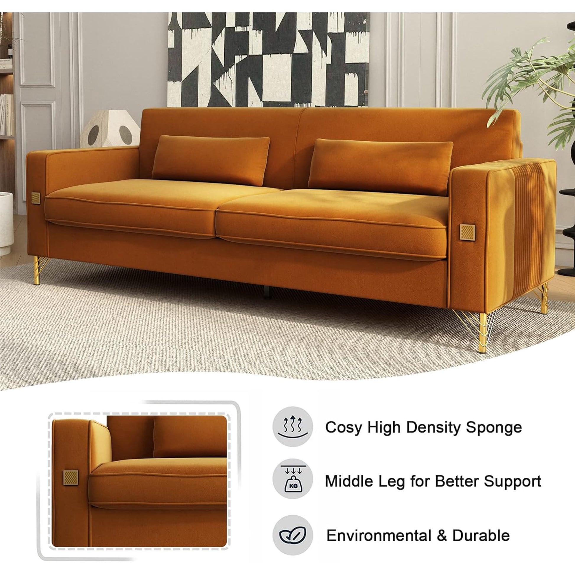 A vibrant living room showcases the **Mid Century Modern Sofa Couch** in an orange hue. This stylish, modern sofa includes two cushions, gold legs, and features a cozy high-density sponge. It also has a middle leg for additional support and is praised for being both environmentally friendly and durable.