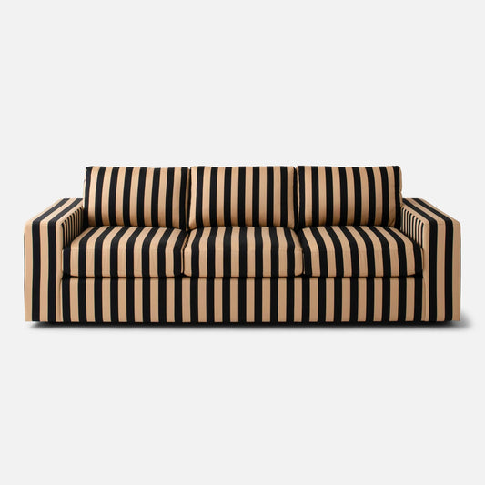 The Marc Striped Sofa boasts a contemporary design with clean, straight lines and features a bold black and beige vertical stripe pattern. It offers comfort with three seat cushions and three back cushions against a neutral background.