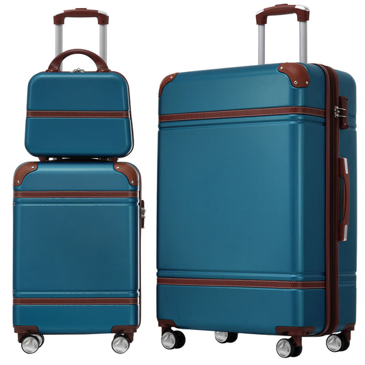 A Hardshell Luggage Set featuring a large upright 28" suitcase with wheels and retractable handle, stacked with a matching 20" carry-on in blue with brown accents, designed for travel.