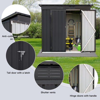 The 4Ftx6Ft Garden Sheds Outdoor Storage features a dark exterior, a tall door with latch, anti-collision corners, shutter vents, and hinged doors with a handle. Gardening tools and supplies can be seen inside this garden shed on grass.