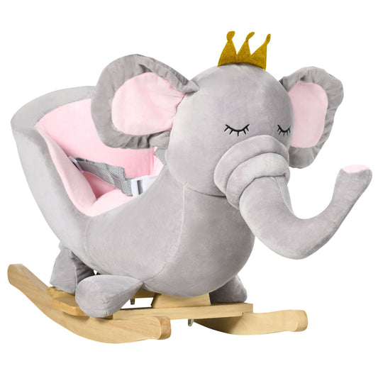 The Qaba Baby Rocking Horse features a plush grey elephant design with a cushioned seat, safety belt, and pink ear accents. It has wooden rockers and is suitable for children aged 1.5-3 years.