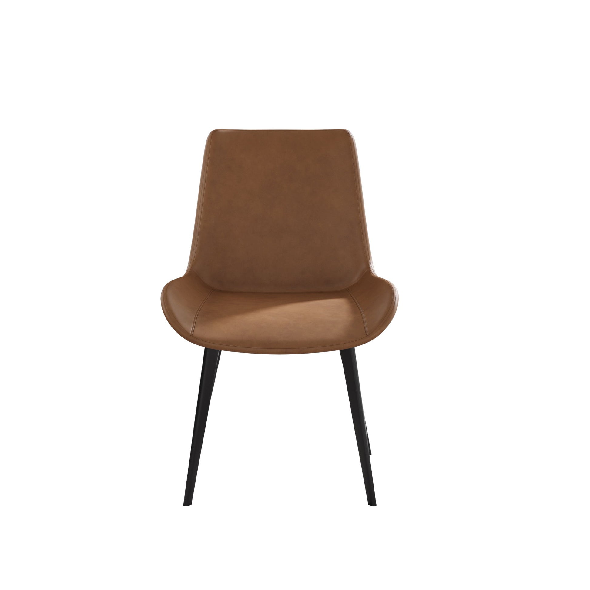 The Modern Dining Chair features a brown upholstered seat and backrest with black angled metal legs for a sleek, minimalist design, ideal for dining or office spaces. Set against a plain white background.