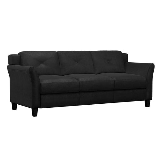 The iLounge Harvard Microfiber Sofa is a sleek and modern piece, available in black fabric. It features three cushioned seats with slightly curved armrests, a tufted back design, and stands on four dark wooden legs.