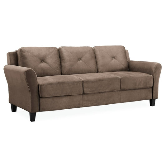 Introducing the iLounge Harvard Microfiber Sofa: a traditional brown three-seater with tufted cushions, rounded armrests, and sturdy support from its dark wooden legs.