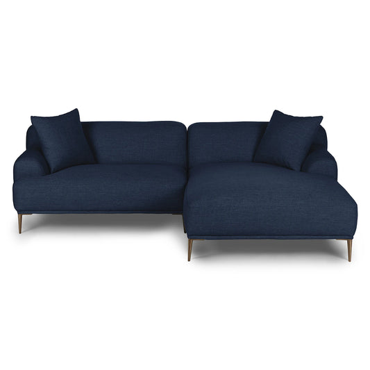 The Abisko 94.5 Right Sectional Aurora Blue is a dark blue L-shaped sofa featuring two plush cushions and sleek, modern lines. It boasts slender metal legs and includes a comfortable chaise on the right side.