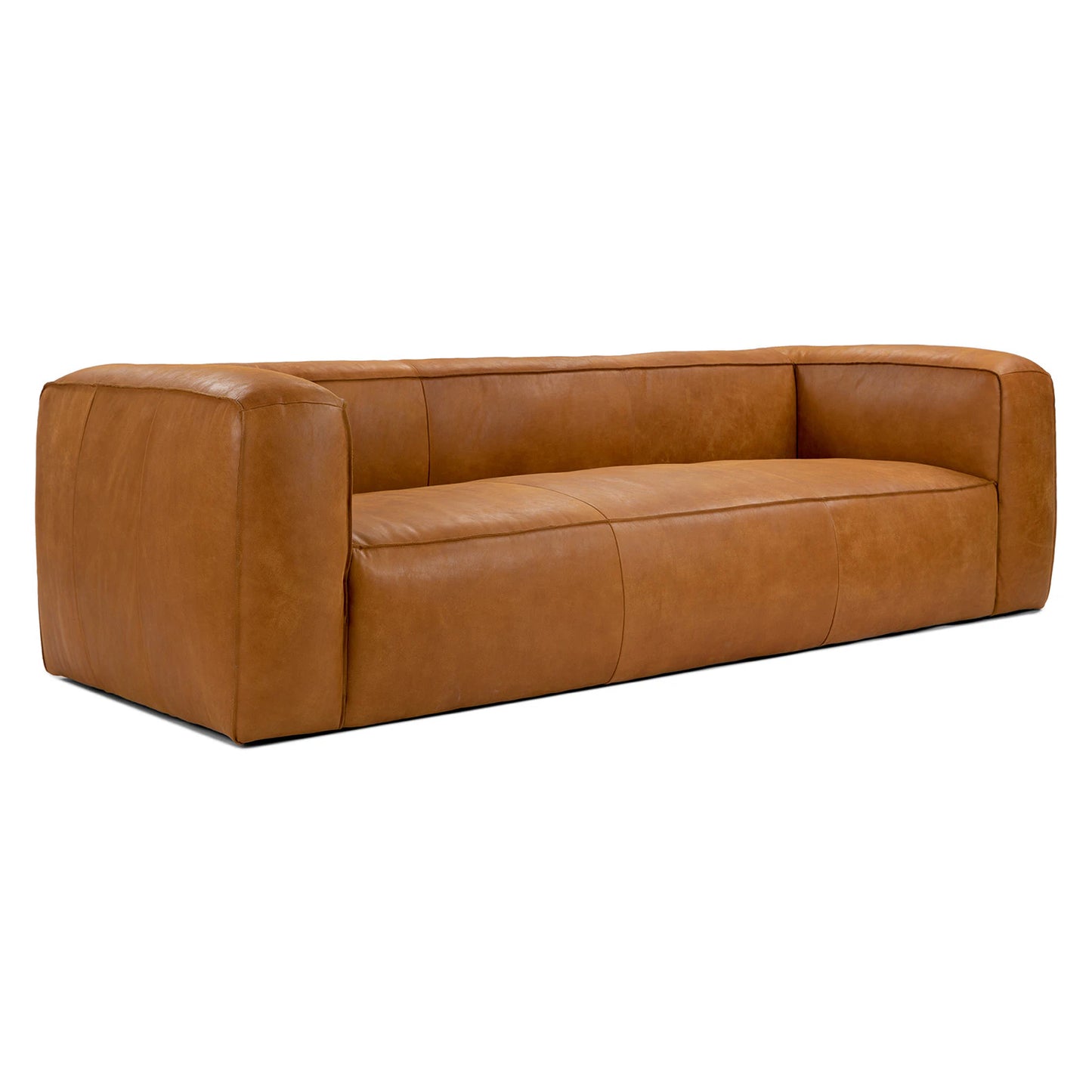 The Cigar 92" Leather Sofa in Rawhide Tan boasts a brown, modern design with minimalist features, including thick, cushioned armrests and seat. Its sleek, rectangular shape complements any contemporary setting.