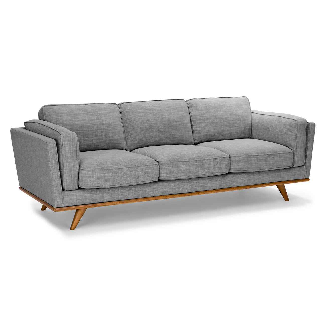 The Timber 90" Sofa, showcasing a sleek design with a modern gray finish and three cushions, features a wooden base and legs and is set against a plain white background.