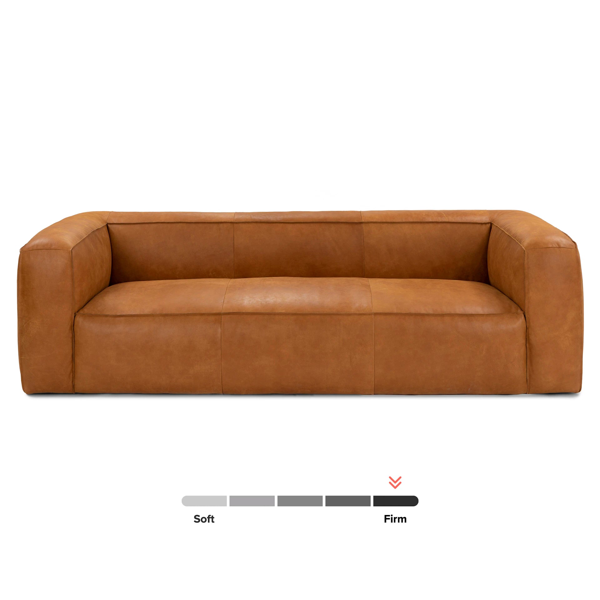 Introducing the Cigar 92" Leather Sofa in Rawhide Tan—a contemporary piece featuring wide arms and a low backrest. A firmness scale beneath indicates its firm comfort level, while its minimalist design emphasizes a sleek, boxy silhouette.