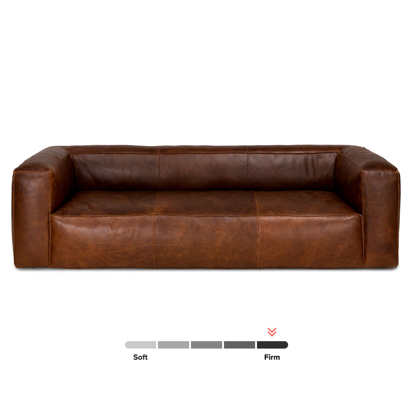 Presenting the Cigar 92" Leather Sofa in Rawhide Tan, featuring a brown leather finish with a boxy design and wide armrests. This sofa is equipped with an indicator that displays its position on the softness-to-firmness scale.