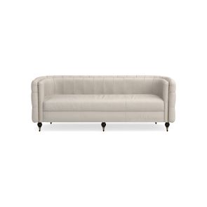 Introducing the Soho Sofa, a sleek and contemporary piece with a modern beige design. It features a rounded backrest and tufted detailing, supported by four dark legs with casters. This minimalistic design is perfect for adding a touch of style to any living room setting.