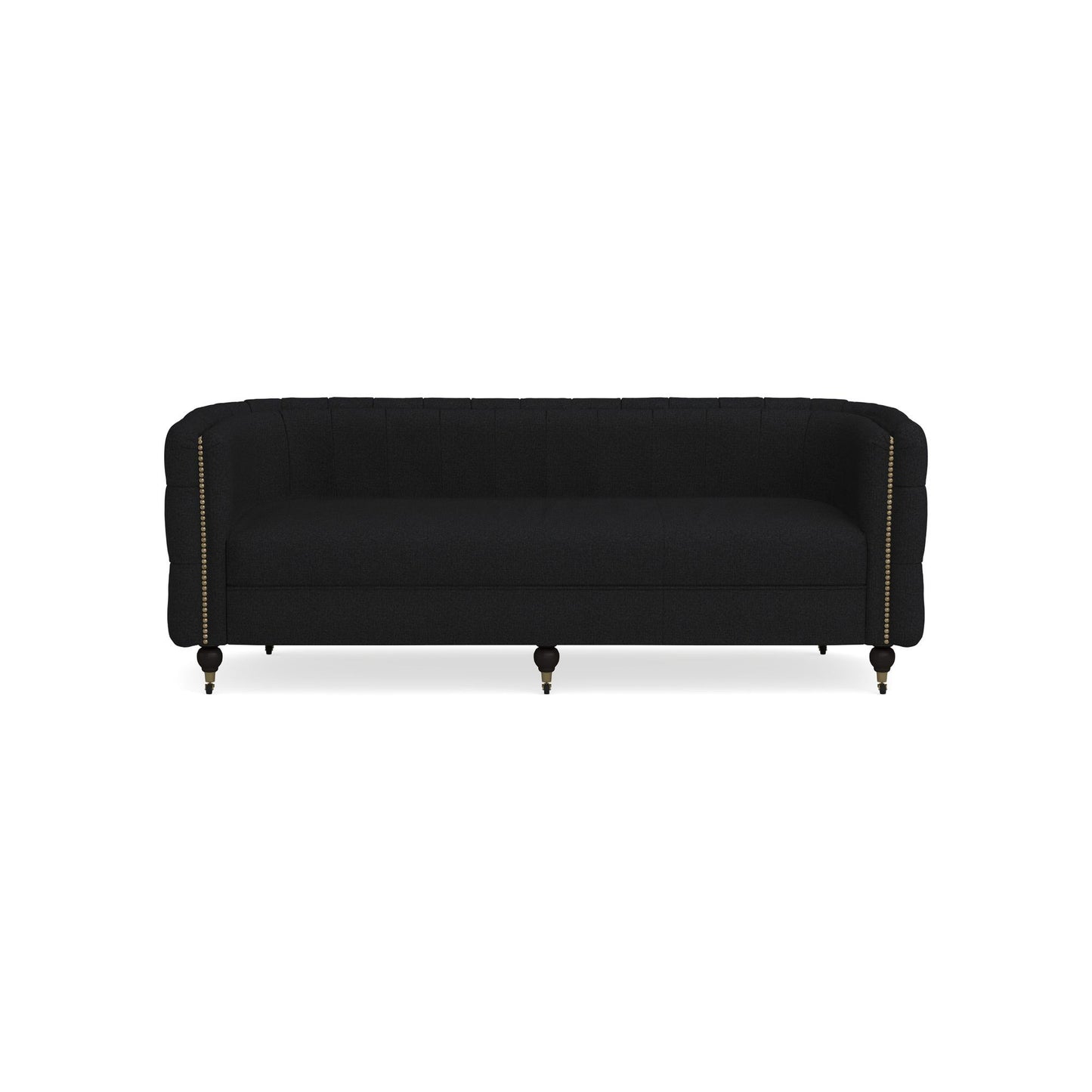 Introducing the Soho Sofa: a sleek and modern black piece with a curved backrest enhanced by gold stud detailing. Featuring four dark wooden legs equipped with caster wheels, this sofa seamlessly blends classic and contemporary design elements.