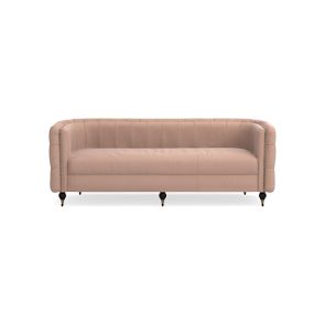 The Soho Sofa is a beige, modern couch featuring rounded armrests and backrest on black legs. It boasts a minimalist design, perfect for contemporary interiors.