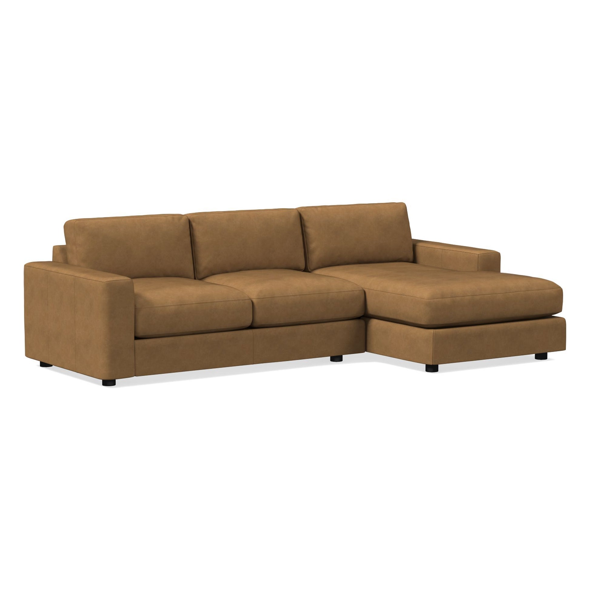 Presenting the Urban Leather 2 Piece Chaise Sectional: a brown, L-shaped sectional sofa with three seat cushions and a right-side chaise. It features smooth, contemporary upholstery, a low-profile backrest, and black square legs.