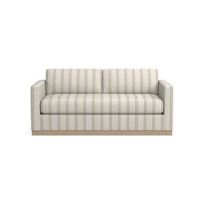 The Valencia 72" Loveseat is a white sofa adorned with vertical beige and gray stripes. It includes two cushions and features straight armrests, while the light wooden base introduces a subtle natural element to its modern design.