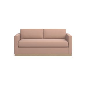 The Valencia 72" Loveseat is a modern two-seater sofa featuring rectangular cushions and armrests. It comes in beige and rests on a light wooden platform that slightly elevates the base, all set against a white background.