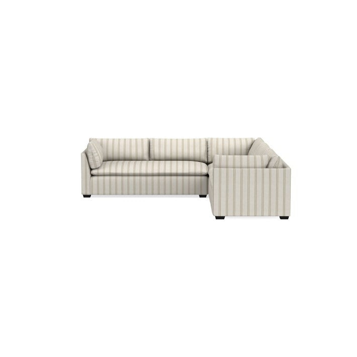 The Laguna 3-Piece L-Shape Loveseat Sectional is a light cream sectional sofa with subtle vertical stripes, featuring cushioned back and armrests. It boasts a modern, minimalist design and rests on small black legs.