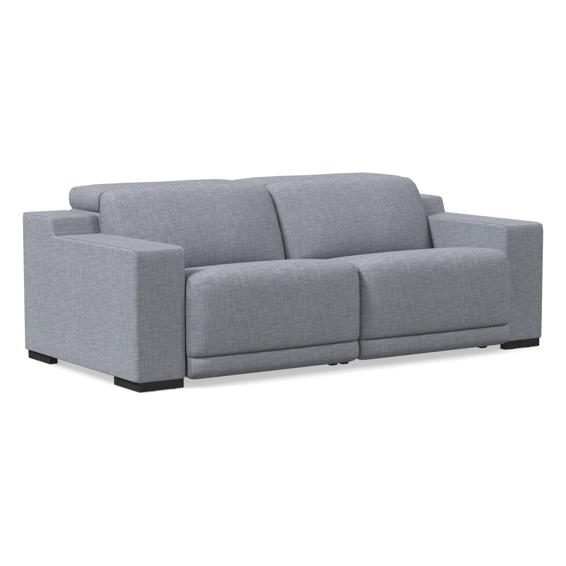 The Dalton Motion Sofa features a modern gray fabric with wide armrests and a sleek design. It includes a thick cushioned seat and back, resting on a sturdy black base. Its minimalist style makes it an excellent fit for contemporary living spaces.