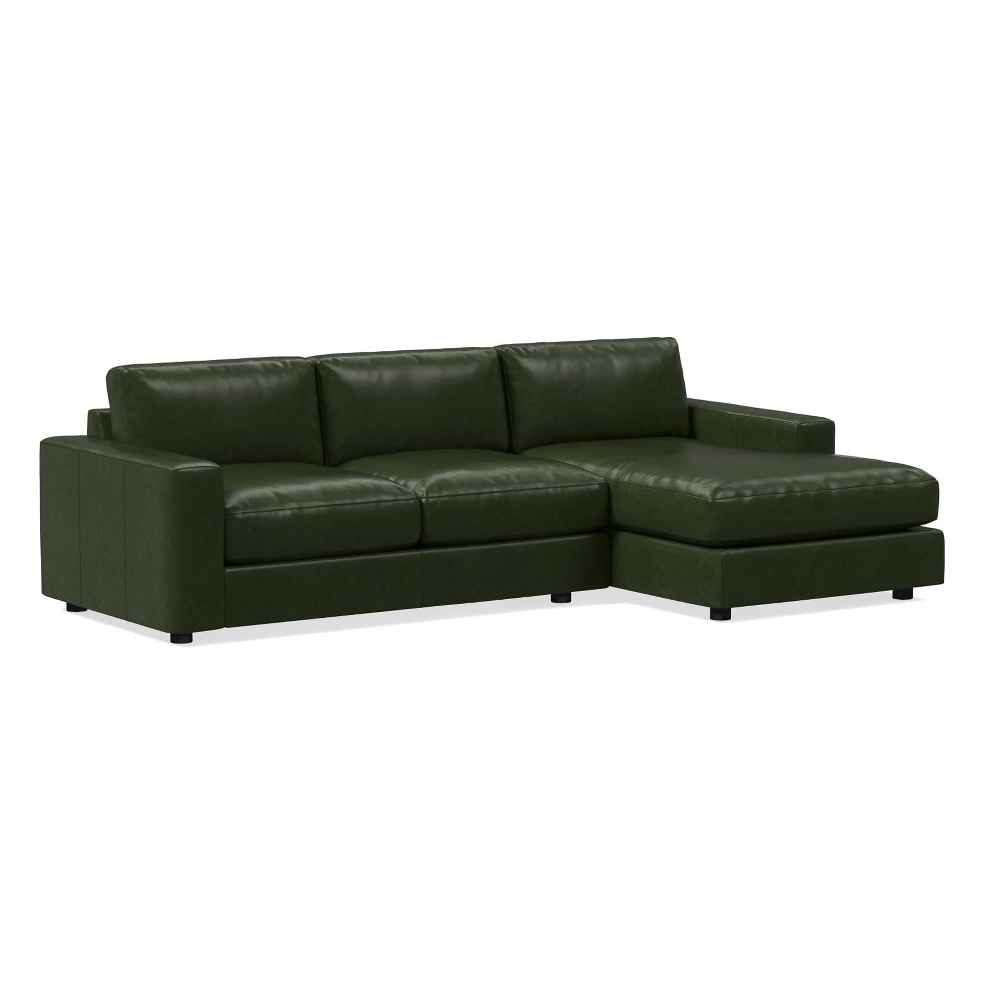 Introducing the Urban Leather 2 Piece Chaise Sectional in dark green. This sophisticated leather sofa features three back cushions and a right-facing chaise. It boasts clean, straight lines and rests on small black legs, all set against a plain white background.