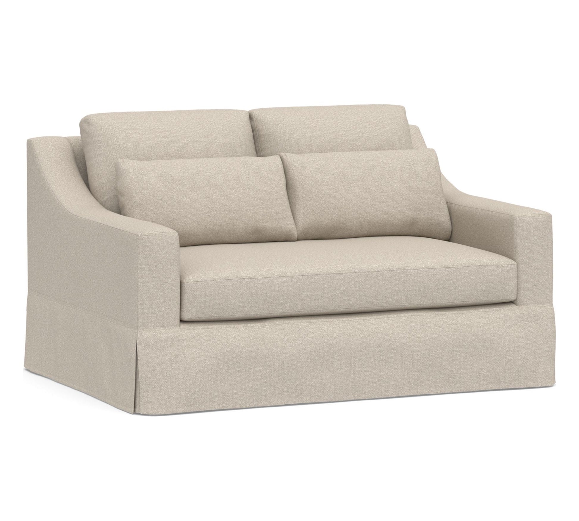 Introducing the York Slope Arm Deep Slipcovered Sofa: a beige two-seater loveseat with plush cushions and a skirted base. Its contemporary design boasts clean lines and soft fabric, providing a comfortable seating option ideal for modern living spaces.