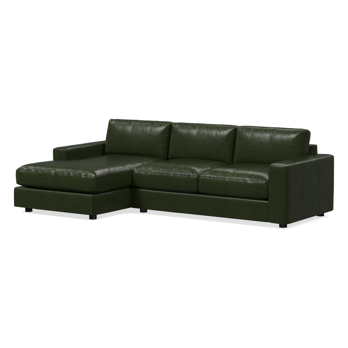 Introducing the Urban Leather 2 Piece Chaise Sectional, featuring a dark green leather finish. This stylish sectional includes three seats and a left-facing chaise lounge. Its clean, minimalist lines and black legs add to its contemporary appeal.