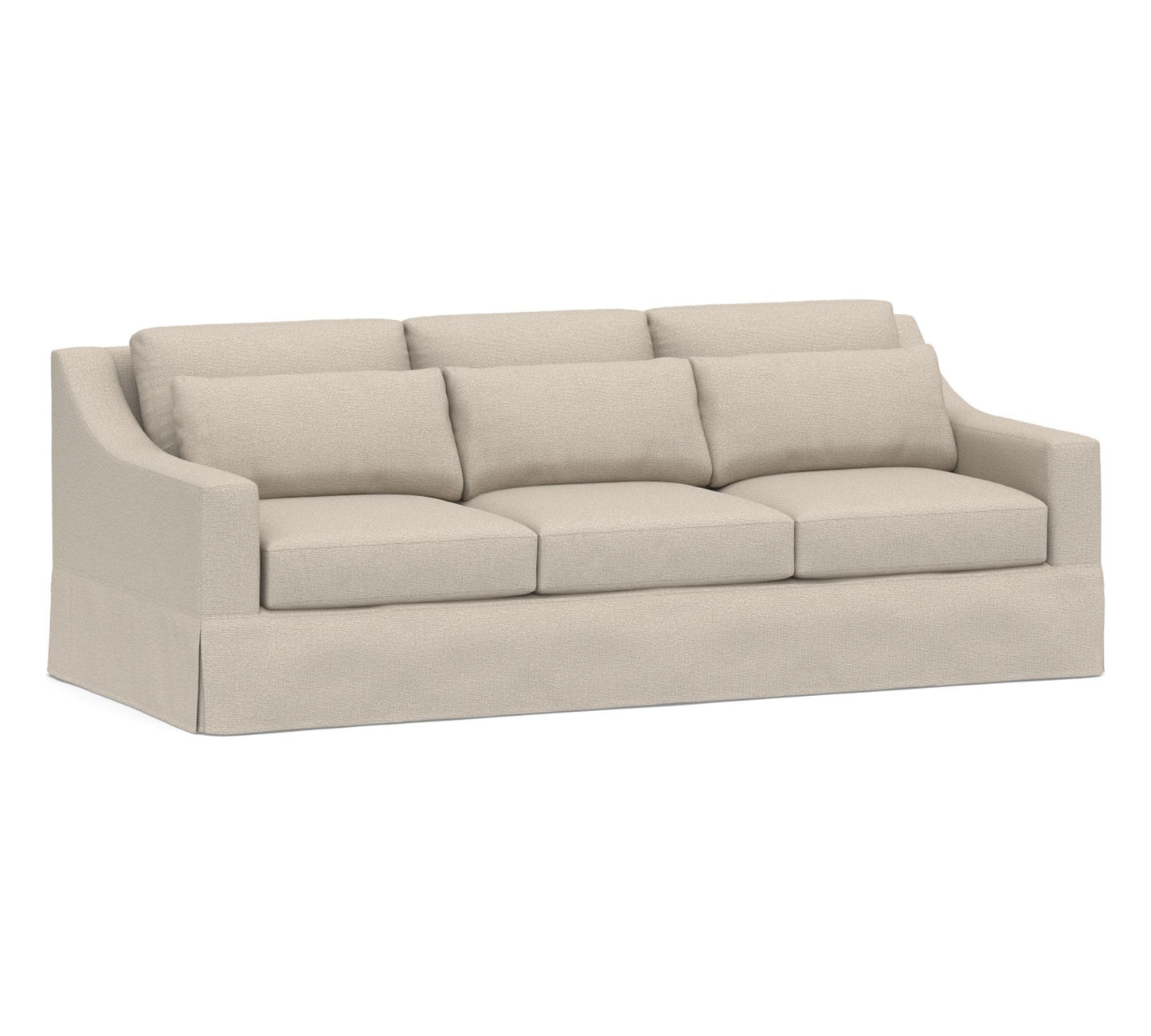 The York Slope Arm Deep Slipcovered Sofa features a beige, three-seater design with thick, cushioned seats and backrests. Its simple and contemporary style is highlighted by smooth curves and fabric upholstery, offering a solid base and understated elegance.