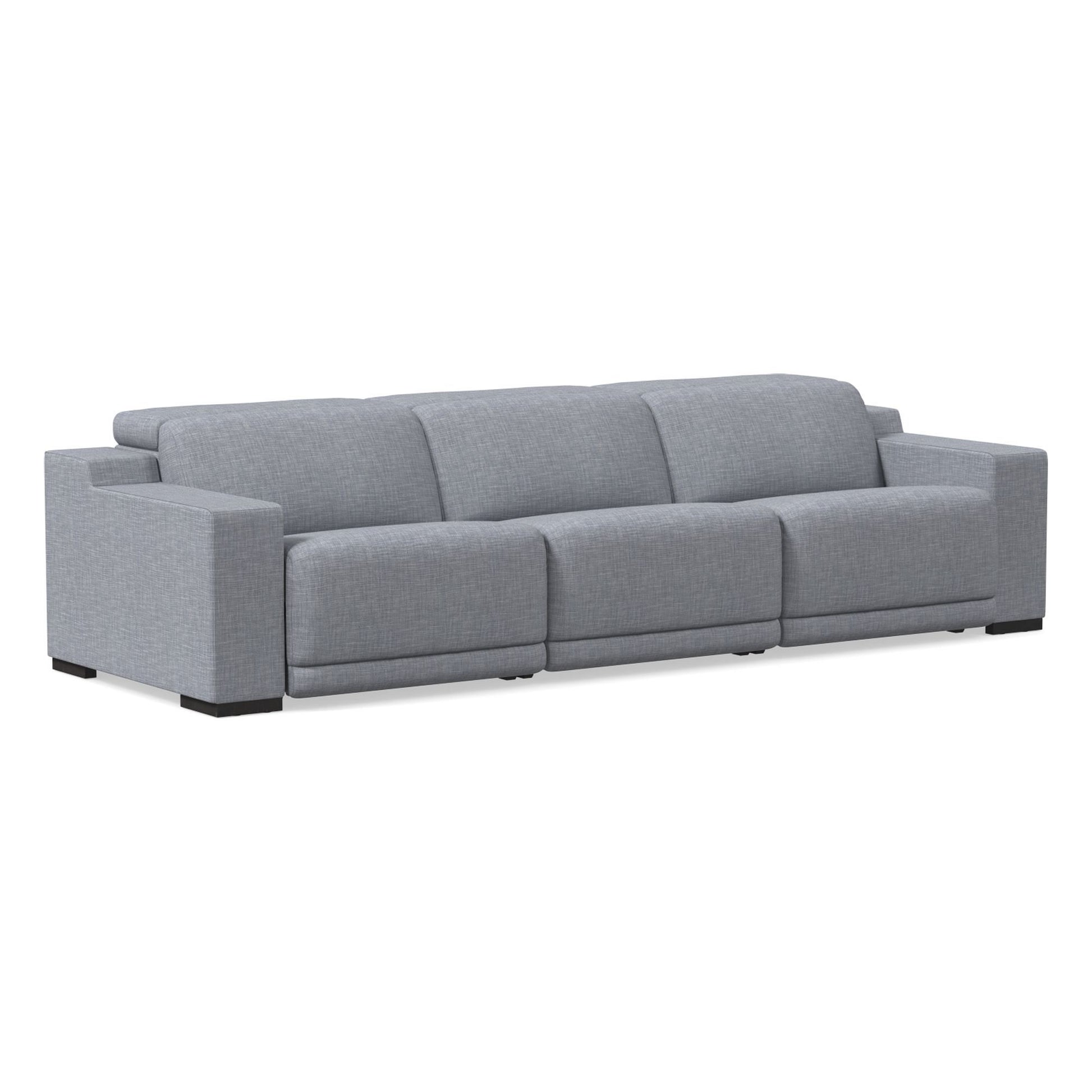 The Dalton Motion Sofa is a modern piece featuring light gray fabric upholstery with three cushioned seats and wide armrests, all set on a sleek black base. Its clean and minimalist design makes it perfect for a contemporary living room.