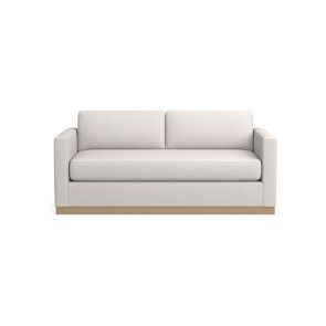 The Valencia 72" Loveseat is a contemporary white sofa featuring straight armrests and dual seat cushions, designed with a light wooden base against a simple white backdrop.