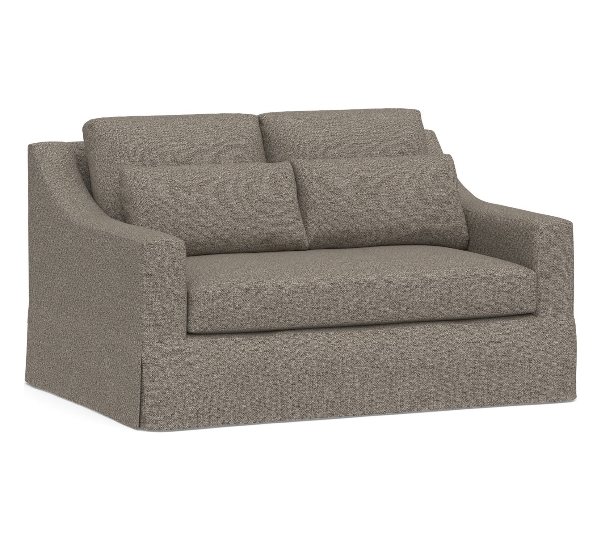 York Slope Arm Deep Slipcovered Sofa: A gray, upholstered sofa with a skirted design, two back cushions, and two smaller side cushions, featuring slightly curved armrests.