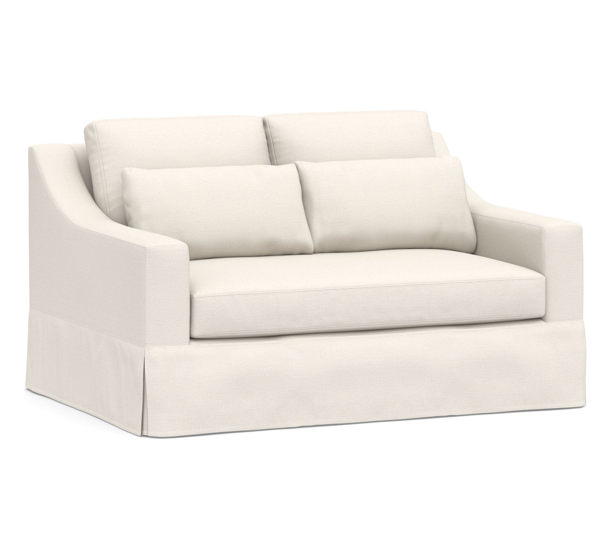 The York Slope Arm Deep Slipcovered Sofa is a cream-colored two-seater with a high back and cushioned armrests. It boasts a skirted base and includes four plush cushions, providing a comfortable seating option. Its simple yet elegant design makes it perfect for a modern living room.