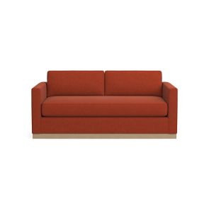 Introducing the Valencia 72" Loveseat, a modern and minimalist orange sofa designed with clean lines, showcasing a straight backrest and rectangular cushions, all set against a pristine white background.