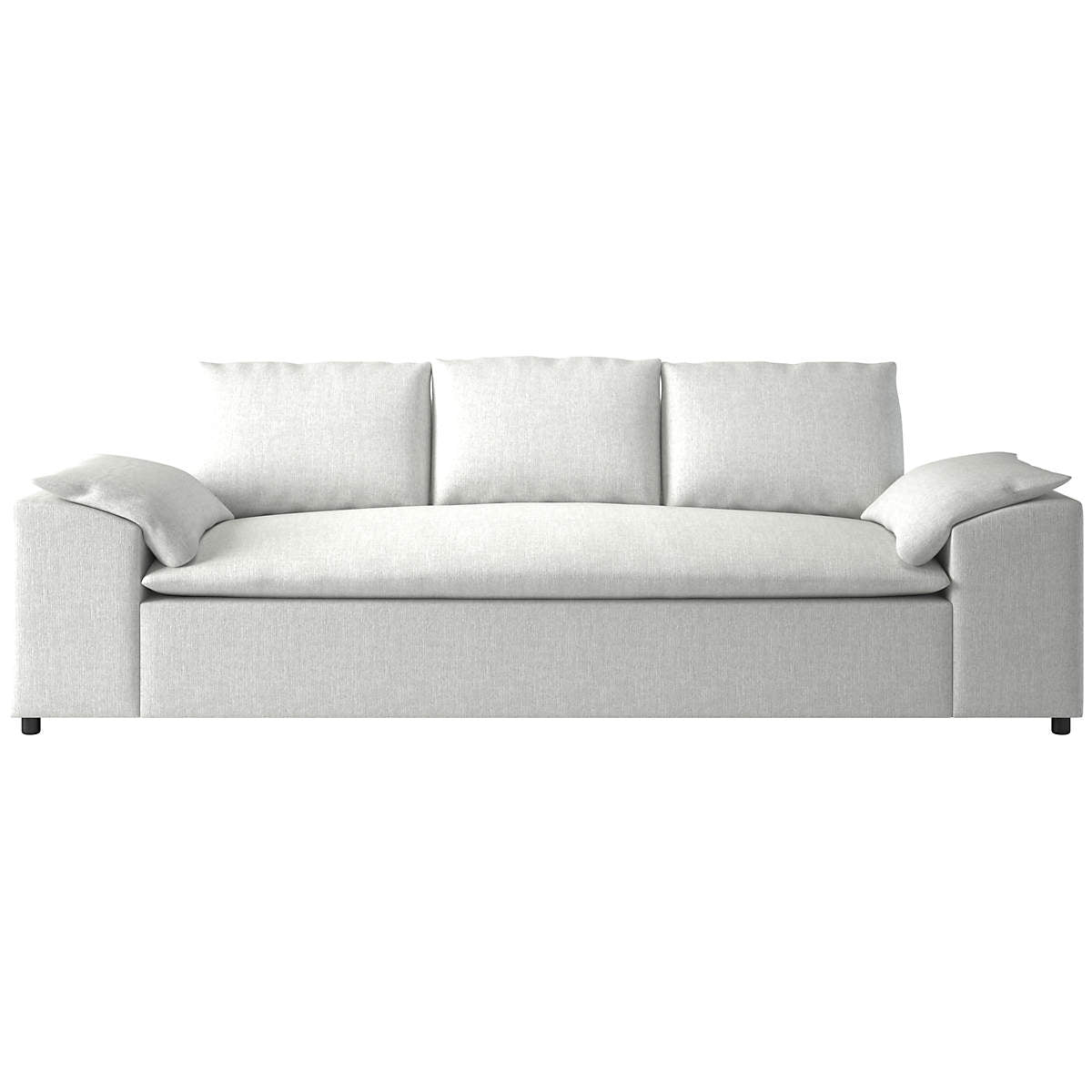 Introducing the Algora 100" White Performance Fabric Sleeper Sofa: a modern three-seater sofa with elegant lines. It boasts three back cushions and two side cushions, offering a cozy and inviting look, all set against a plain white background.