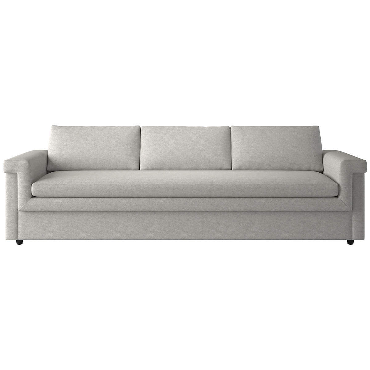 Introducing the Ceva 103" Light Blue Performance Velvet Sofa, showcasing a contemporary design with clean lines. This modern piece includes three seat cushions, three back cushions, and subtly angled armrests. It rests on small, dark wooden legs for an elegant touch.