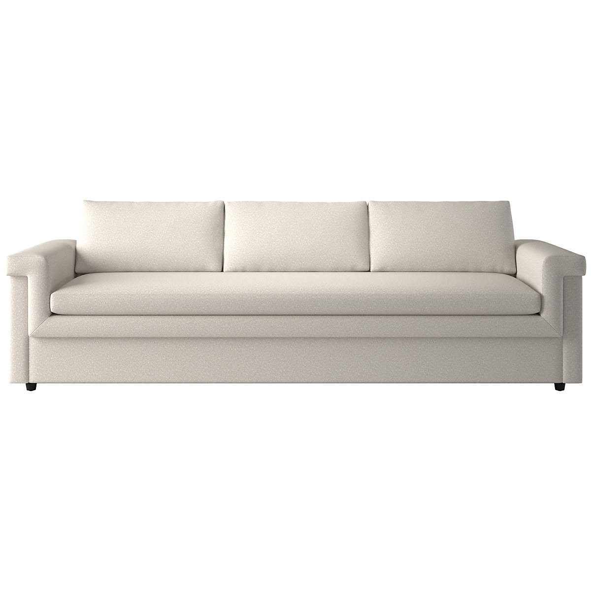 Introducing the Ceva 103" Light Blue Performance Velvet Sofa: This minimalist, modern piece boasts a sleek rectangular design. Upholstered in light blue performance velvet, it features three back cushions and broad armrests. Small, dark legs complete its clean and contemporary aesthetic.