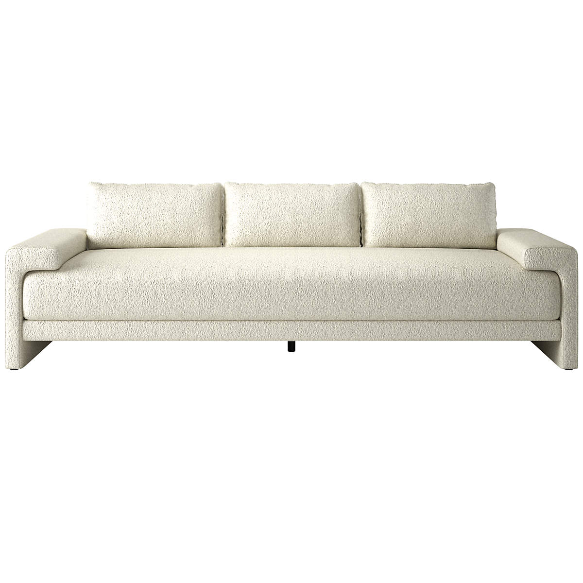 Introducing the Camden 101" White Performance Fabric Sofa, a chic piece with a minimalist design. It boasts three back cushions and a sleek, rectangular silhouette for a stylish and contemporary look. The bouclé texture enhances its soft, inviting appearance.