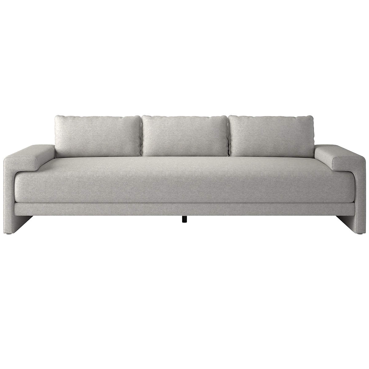 Introducing the Camden 101" sofa, a modern masterpiece with its minimalist design and wide armrests. This sleek and contemporary piece boasts a low profile and clean lines, accentuated by its three back cushions. The white performance fabric upholstery promises a soft and comfortable seating experience.