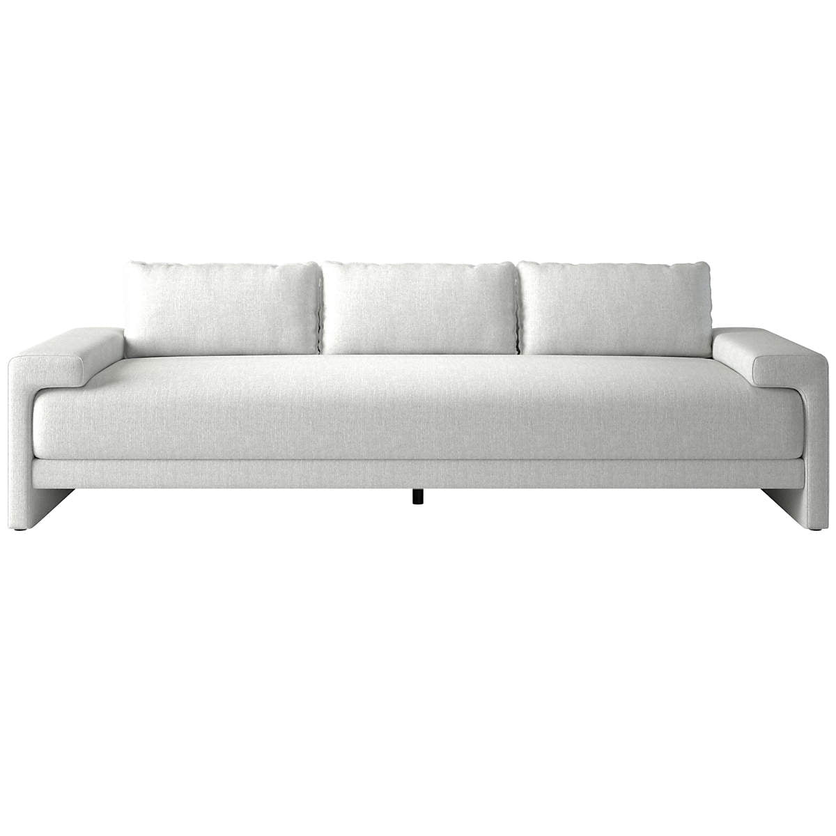 The Camden 101" White Performance Fabric Sofa is a modern, minimalist piece upholstered in white fabric. It boasts three back cushions and straight armrests, offering a sleek and contemporary design perfect for a stylish living room environment.