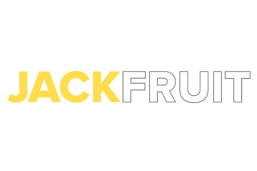 The image shows the word "JACKFRUIT" in uppercase letters. "JACK" is in bold yellow font, and "FRUIT" is in a thin black outline font against a white background.