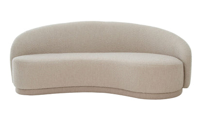 Introducing the Excelsior Sofa Cream, a contemporary, light beige upholstered piece with a sleek, curved design and minimalist aesthetic, offering a single continuous backrest and seat.