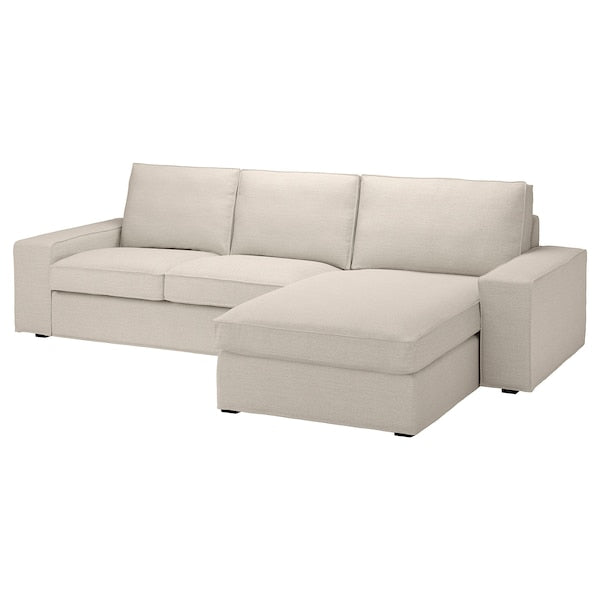 The KIVIK Sofa with Chaise is a contemporary L-shaped sectional in light beige, featuring three back cushions and a right-side chaise. It has a minimalist design and rests on short black legs.