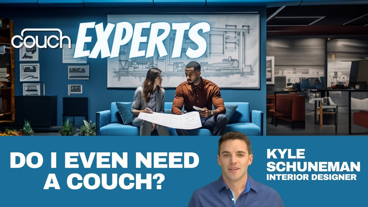 A YouTube thumbnail titled "Do I Even Need a Couch?" shows two people sitting on a blue couch examining a blueprint, with interior design sketches in the background. The title and "Experts" logo are prominent. Below is Kyle Schuneman, labeled as an Interior Designer.