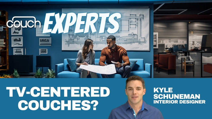 A man and woman sit on a blue couch examining a design blueprint. The background has shelves with decorative items and design sketches. Text reads "couch EXPERTS" and "TV-CENTERED COUCHES?" Below the text, a man is labeled as Kyle Schuneman, Interior Designer.