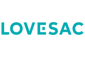 LOVESAC" logo in bold, teal letters on a white background. The letter "E" is distinctively designed with a hollow center.
