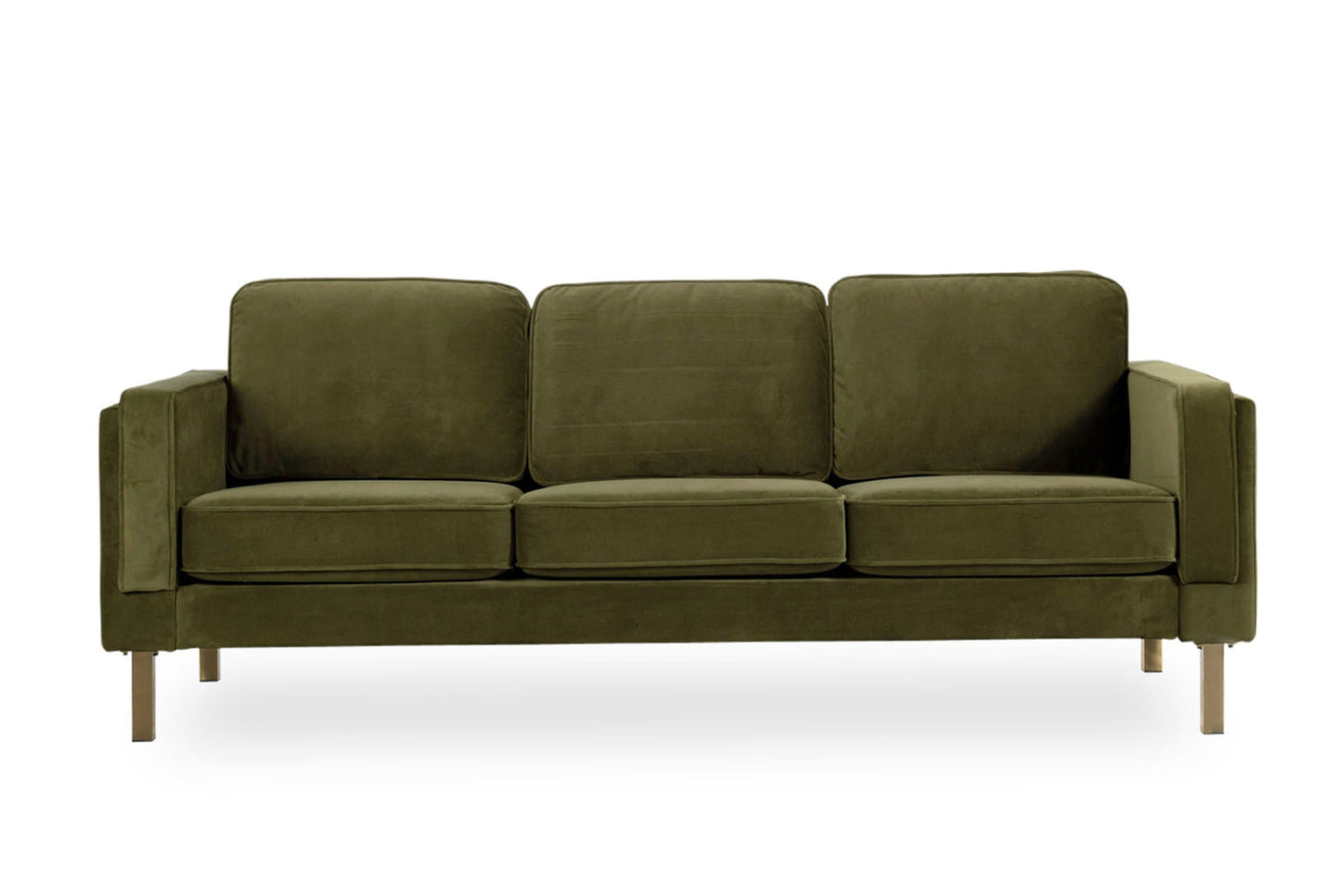 The Albany Sofa in Olive Velvet, a three-seater with square cushions and armrests, is supported by wooden legs and set against a plain white background.