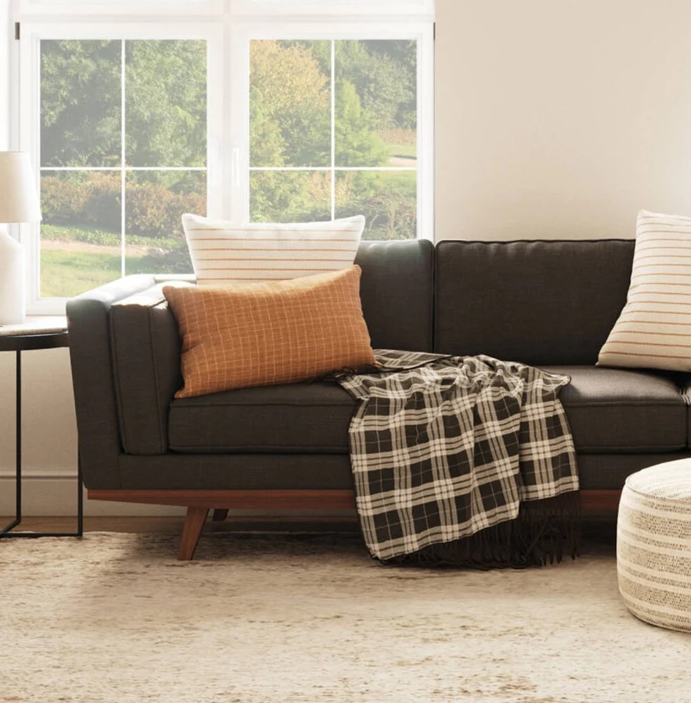 A cozy living room features a dark gray mid-century modern sofa adorned with striped and checkered pillows in neutral tones. A black and white plaid blanket is draped over the sofa. There's a window in the background with a view of greenery, and a side table with a lamp.