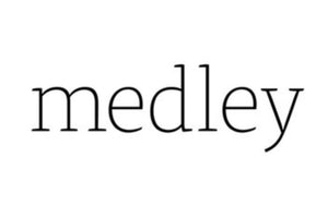 The image displays the word "medley" in lowercase letters, written in a simple, thin serif font on a plain white background.