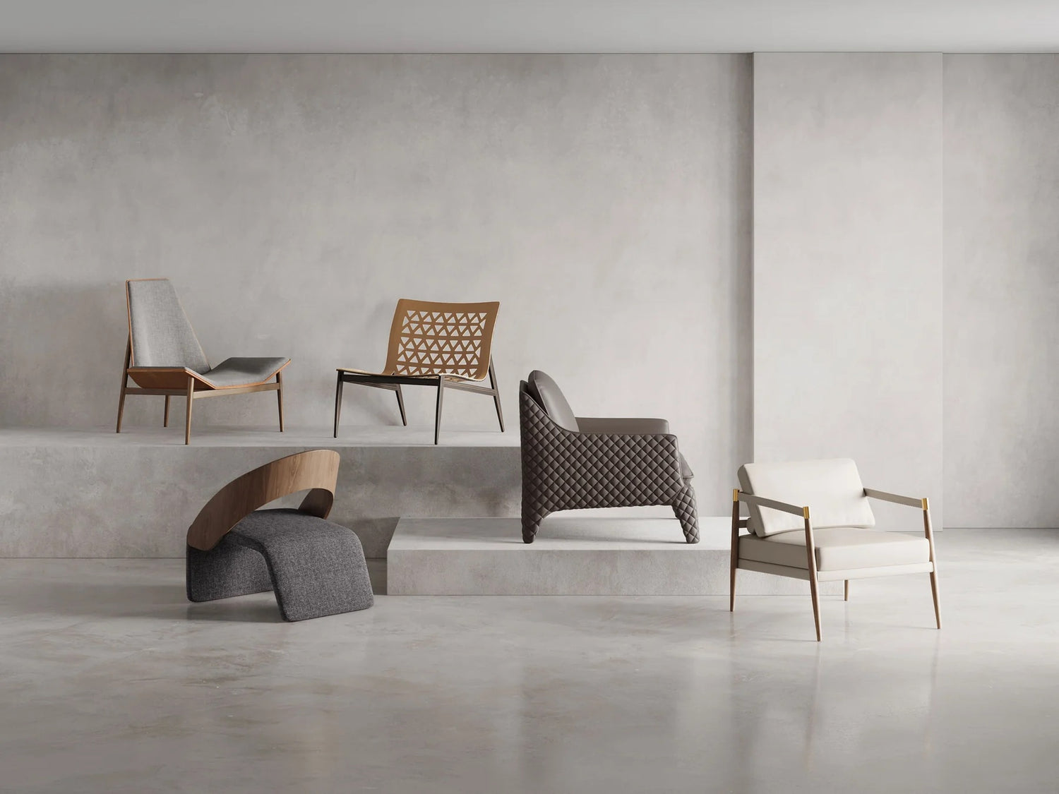 Five stylish chairs are displayed in a minimalist, staged setting with a neutral-toned backdrop. The chairs vary in design, materials, and colors, including wood, fabric, and leather, showcasing modern furniture design and aesthetics.