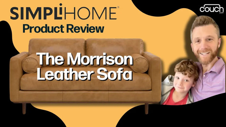 Image features a promotional banner for Simpli Home's product review of the Morrison Leather Sofa. A man and a child are smiling in the corner of the image. The background includes stylized shapes in yellow and black. The logo "couch.com" is present in the top right corner.
