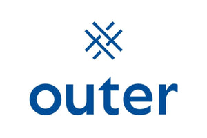 A geometric logo with blue intersecting lines forming an abstract pattern is centered above the word "outer" in bold blue lowercase letters, all set against a white background.