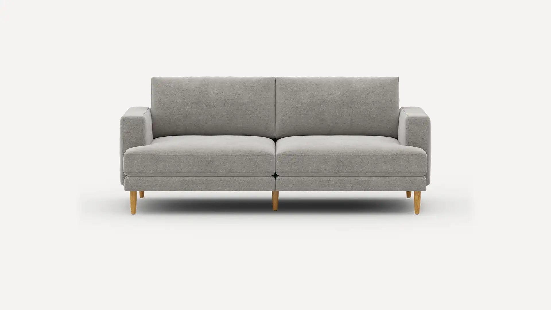 An Ember Mid-Century Modern 75" Sofa in gray, featuring clean lines and wooden legs, set against a plain white background.