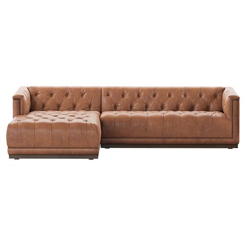 The Emmy Rustic Warm Brown Leather Sectional Left Arm Facing features an L-shaped design with deep button tufting on the backrest and seat cushions, along with elegant nailhead trim along the edges, offering a classic and sophisticated style.